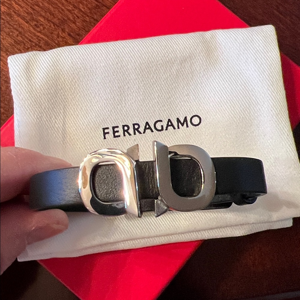Salvatore Ferragamo Black Leather bracelet with Silver Accents NIB